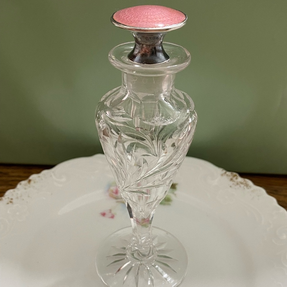 Vtg Cut & Etched Crystal/Sterling Pink Guilloche Perfume Bottle (Final)